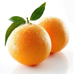 Two Juicy Oranges with Water Droplets and Green Leaves on White Background