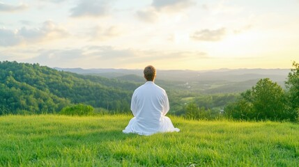Fototapeta premium Peaceful contemplation atop a grassy hill, overlooking a serene valley at sunset. A person sits in meditation, bathed in the golden light of the setting sun