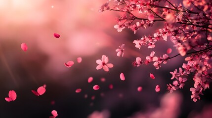 Delicate pink cherry blossoms gently sway in the warm sunlight as petals fall gracefully creating a serene sp scene.