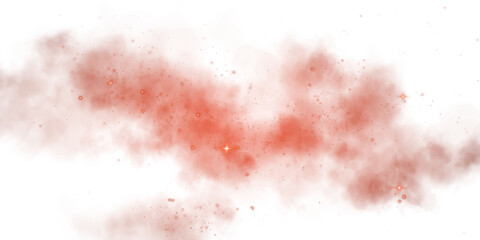 Magic red smoke with glitter and small particles of twinkling stars. Fog with luminous particles. Red vapor with stardust. Morning fog over land or water surface, magic haze. Fog or smoke. PNG.