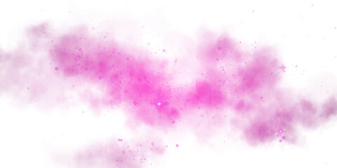Magic pink smoke with glitter and small particles of twinkling stars. Fog with luminous particles. Pink vapor with stardust. Morning fog over land or water surface, magic haze. Fog or smoke. PNG.