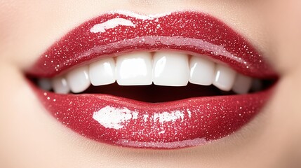 Obraz premium Glossy red lips with a hint of sparkle.