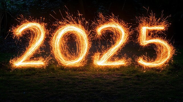 2025 written in fiery sparks at night. - Powered by Adobe