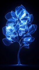 Glowing blue tree with translucent leaves, dark background.  Intricate, ethereal design