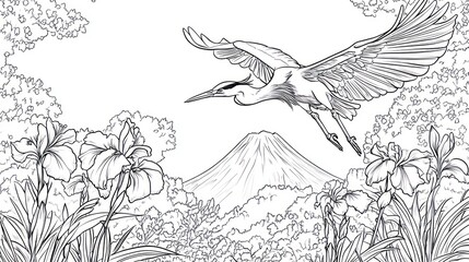 Heron flying over Japanese landscape with flowers and mountains. Coloring book style