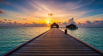 Obraz premium A serene sunset over the Maldives, with a wooden pier extending into the glowing ocean and palm trees swaying in the breeze, Ai Generated