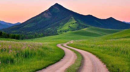 Obraz premium Dusty dirt road meandering through a golden field under the expansive blue sky in summer