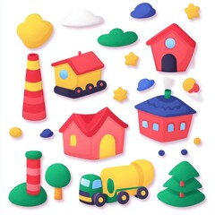 Cute Cartoon Houses, Vehicles, and Nature Elements Illustration