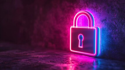 Glowing neon padlock symbol against a dark, textured background.  Reflecting light adds depth
