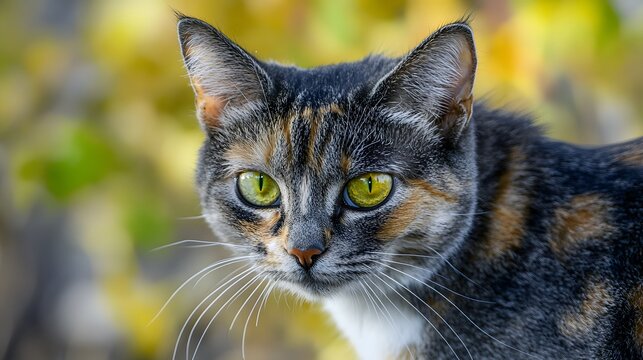 Closeup Portrait of a Tortoiseshell Cat with Green Eyes in Autumn