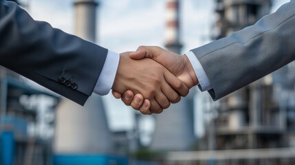 Double exposure graphic of business people handshake over  thermal electic power station, factory. Deal in the industry