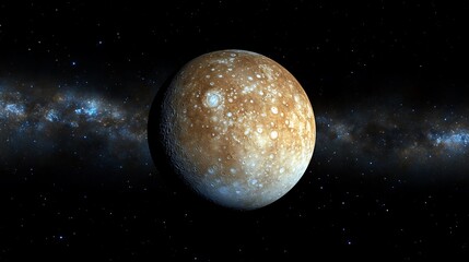 A detailed illustration of Mercury in space with a galaxy backdrop.
