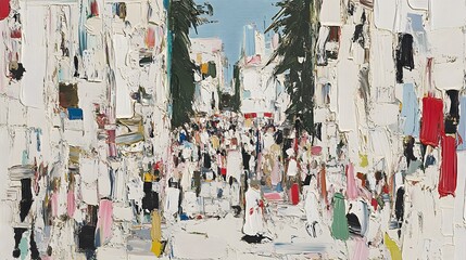 Fototapeta premium Impressionist Street Scene Painting Crowd People Cityscape