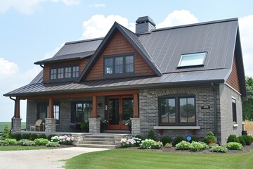 A modern home with a unique design featuring a blend of brick and wood, surrounded by landscaped gardens and a clear blue sky.