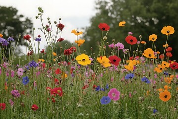 Naklejka premium Expansive and colorful field of wildflowers in full bloom under a bright and sunny sky