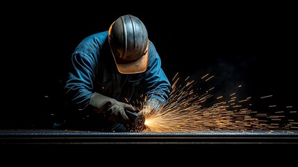 Welder grinding metal sparks dark.