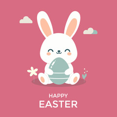 Fototapeta premium Cute vector illustration of an Easter bunny holding an egg. The inscription 