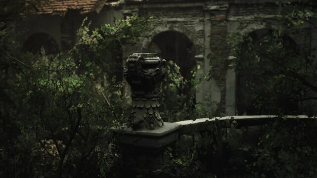 An old stone fountain, intricately designed, stands amidst thick greenery in a neglected garden. The remnants of a once vibrant setting are engulfed by natures reclaiming grasp.