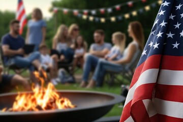 Memorial Day celebration with friends around a fire pit enjoying summer evening outdoors with American flag and festive lights healthy living concept