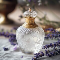 Frosted glass perfume bottle, ornate design, surrounded by lavender