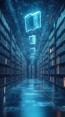 Library with Floating Books and Glowing Knowledge: Magical Bookshelf with Digital Sparkles Representing the Power of Learning and Imagination
