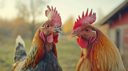 Fototapeta premium Two brightly colored roosters standing close together on a farm