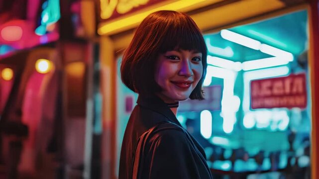 Confident non binary individual posing dynamically against luminous city backdrop, neon lights casting dramatic shadows on trendsetting urban fashion statement