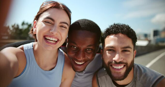 City, happy and selfie of friends for fitness, exercise and training for memory, post and picture. Social media, runner team and portrait of men and woman for wellness, health and workout in town