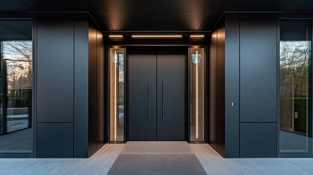 Modern building entrance featuring double doors and stylish lighting fixtures