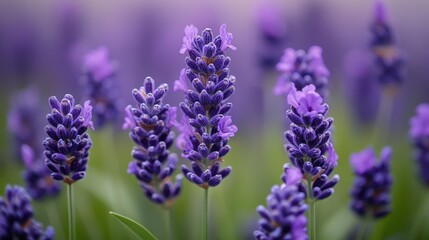 Fototapeta premium Purple lavender blooms stretch into a dreamy, blurred landscape. A tranquil escape