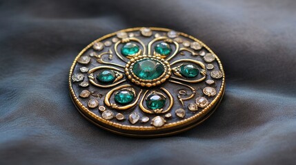 An ornate circular jeweltoned brooch sits atop lustrous grey fabric