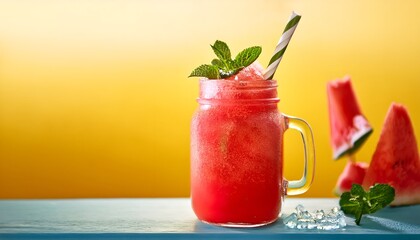 Watermelon Slushie_A frozen, icy drink made from fresh watermelon, served in a mason jar with a colorful straw and mint garnish on yellow backdrop