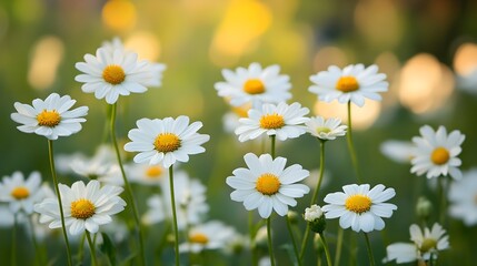 Fototapeta premium A field of daisies bathed in warm sunlight, their white petals glowing softly against a blurred green background.