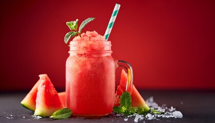 Watermelon Slushie_A frozen, icy drink made from fresh watermelon, served in a mason jar with a colorful straw and mint garnish on red backdrop