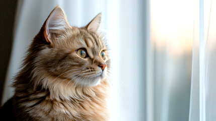 A fluffy cat gazes out a window, illuminated by soft light, showcasing its striking features and curious expression.