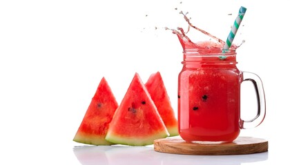 Watermelon Slushie_A frozen, icy drink made from fresh watermelon, served in a mason jar with a colorful straw and mint garnish on isolated white background_#