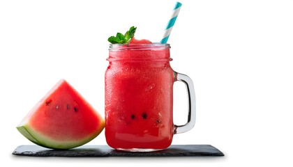 Watermelon Slushie_A frozen, icy drink made from fresh watermelon, served in a mason jar with a colorful straw and mint garnish on isolated white background_#