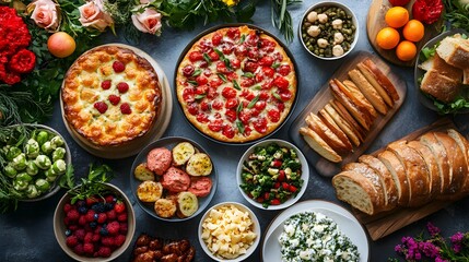 Fototapeta premium A delicious overhead shot showcases a vibrant sp feast featu pizza, bread, salads, roasted vegetables, and fresh berries.