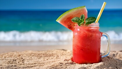 Watermelon Slushie_A frozen, icy drink made from fresh watermelon, served in a mason jar with a colorful straw and mint garnish on blue sky and sea in backdrop