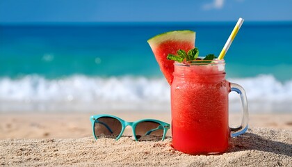 Watermelon Slushie_A frozen, icy drink made from fresh watermelon, served in a mason jar with a colorful straw and mint garnish on blue sky and sea in backdrop