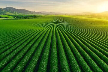 Aerial View of Farmland with Center-Pivot Irrigation System at Sunrise, Misty Fields, Automated Agriculture, Water Spraying in Arcs, Lush Green Crops, Sustainable Farming, Rural Landscape
