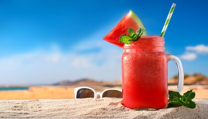 Watermelon Slushie_A frozen, icy drink made from fresh watermelon, served in a mason jar with a colorful straw and mint garnish on blue sky and desert in backdrop