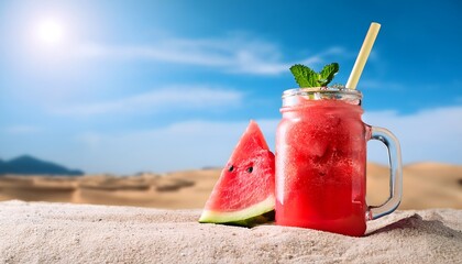 Watermelon Slushie_A frozen, icy drink made from fresh watermelon, served in a mason jar with a colorful straw and mint garnish on blue sky and desert in backdrop