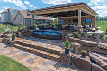 A modern outdoor living space featuring a covered patio, lounge seating, and a water feature surrounded by stone landscaping and greenery.