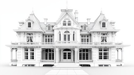 Fototapeta premium Elaborate Victorian Mansion Architectural Rendering in Monochromatic Palette on White Backdrop