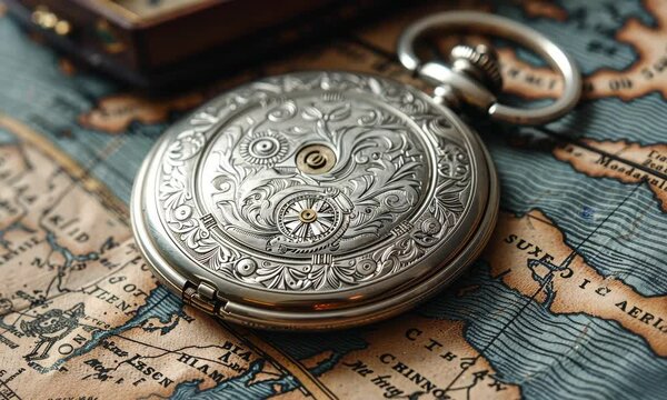 Elegant antique pocket watch resting on an ancient map during a late afternoon light
