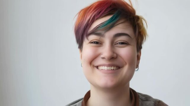 Confident non binary person with colorful hair, beaming with pride and authenticity, standing against clean white backdrop, embodying personal identity