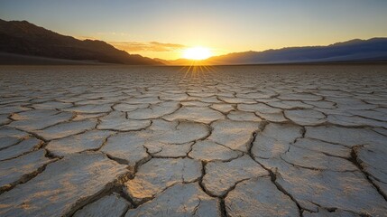 Cracked earth landscape beneath a radiant sun setting behind mountains