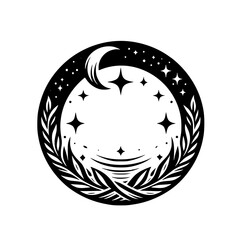 Celestial Emblem: Crescent Moon, Stars, and Foliage in a Circle