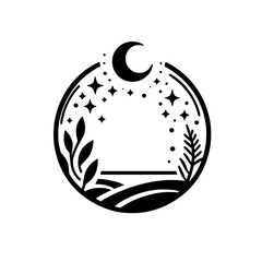 Celestial Nature Scene: Minimalist Moon, Stars, and Landscape